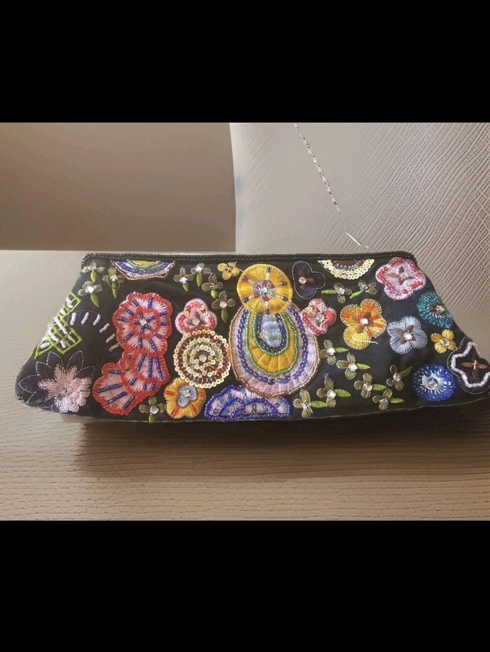 New York & Co Embroidered Floral Beaded Wristlet Clutch - Black Multi